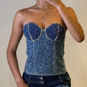 Denim Corset with Blue Pearls and Rhinestones